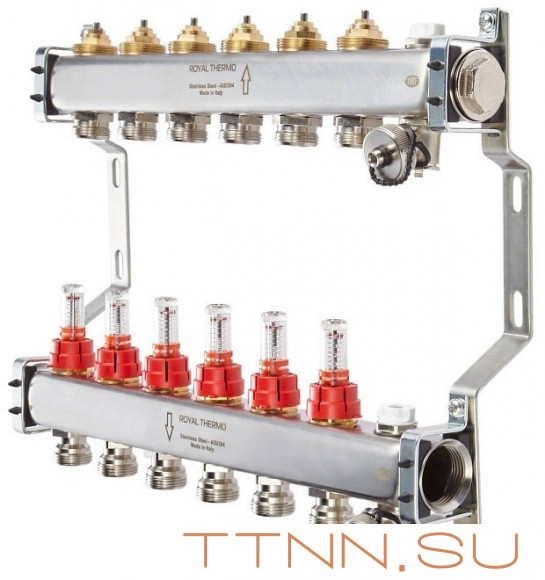 Для отопления Royal Thermo 1" ВР-3/4" НР, 8 выходов с расходомерами, нерж. (RTE 52.108) Для отопления Royal Thermo 1" ВР-3/4" НР, 8 выходов с расходомерами, нерж. (RTE 52.108)