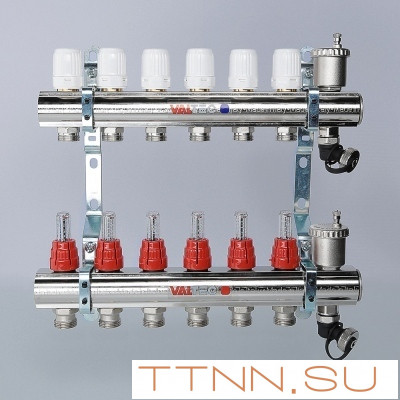 Для отопления VALTEC 1"х6 вых. Евроконус 3/4" с расходомерами в сборе Для отопления VALTEC 1"х6 вых. Евроконус 3/4" с расходомерами в сборе