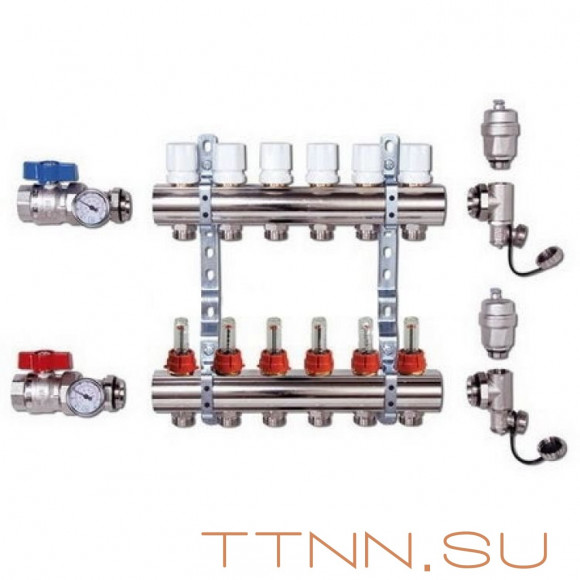 Коллекторная группа TIM 6 выходов KA006 с кранами и расходомерами латунь Коллекторная группа TIM 6 выходов KA006 с кранами и расходомерами латунь