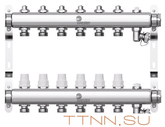 Коллектор нерж. для отопления Wester 1"-3/4 в сборе на 6 выходов с 2 заглушками Коллектор нерж. для отопления Wester 1"-3/4 в сборе на 6 выходов с 2 заглушками