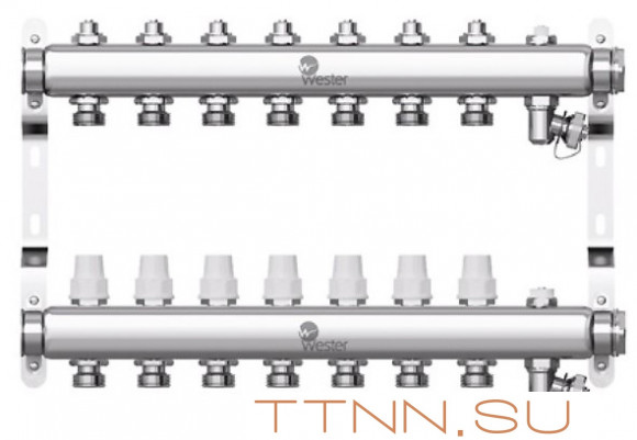 Коллектор нерж. для отопления Wester 1"-3/4 в сборе на 7 выходов с 2 заглушками Коллектор нерж. для отопления Wester 1"-3/4 в сборе на 7 выходов с 2 заглушками