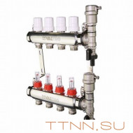 Коллекторная группа VALTEC VTc.589.EMNX.0608 1" х 3/4" на 8 выходов из нерж.стали c термостатическими клапанами и расходомерами